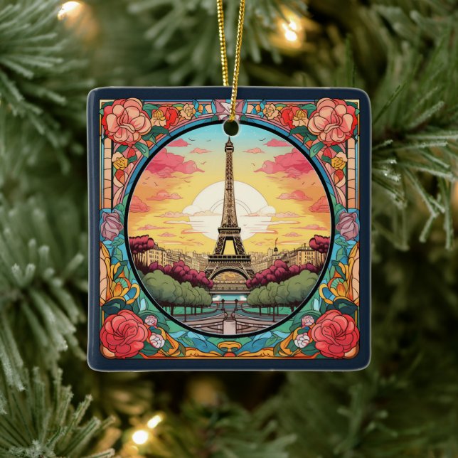 Parisian Sunset Eifel Tower Paris French Floral Ceramic Ornament (Tree)
