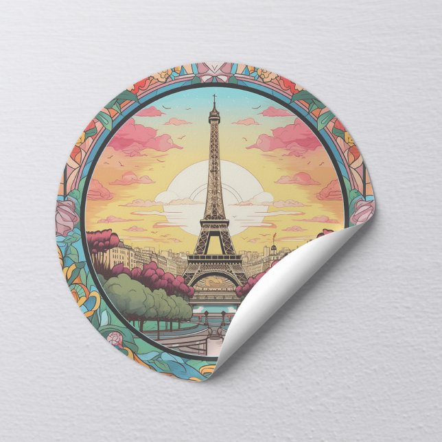 Parisian Sunset Eifel Tower Paris French Floral Classic Round Sticker (Creator Uploaded)