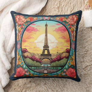 Parisian Sunset Eifel Tower Paris French Floral Cushion
