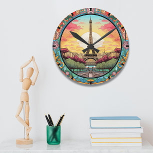 Parisian Sunset Eifel Tower Paris French Floral Round Clock