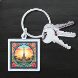 Parisian Sunset Eiffel Tower Paris French Floral Key Ring<br><div class="desc">Bright Parisian Sunset Eiffel Tower Paris French France Floral Keychains features an art deco style Paris sunset with the Eiffel Tower in a bold floral frame. Created by Evco Studio www.zazzle.com/store/evcostudio</div>