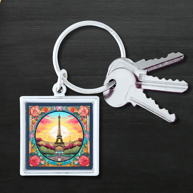 Parisian Sunset Eiffel Tower Paris French Floral Key Ring (Creator Uploaded)