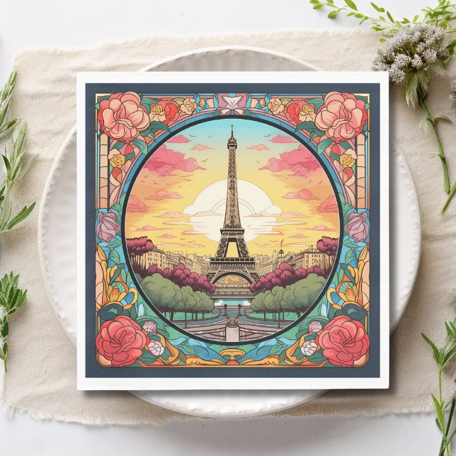 Parisian Sunset Eiffel Tower Paris French Floral Napkin (Creator Uploaded)