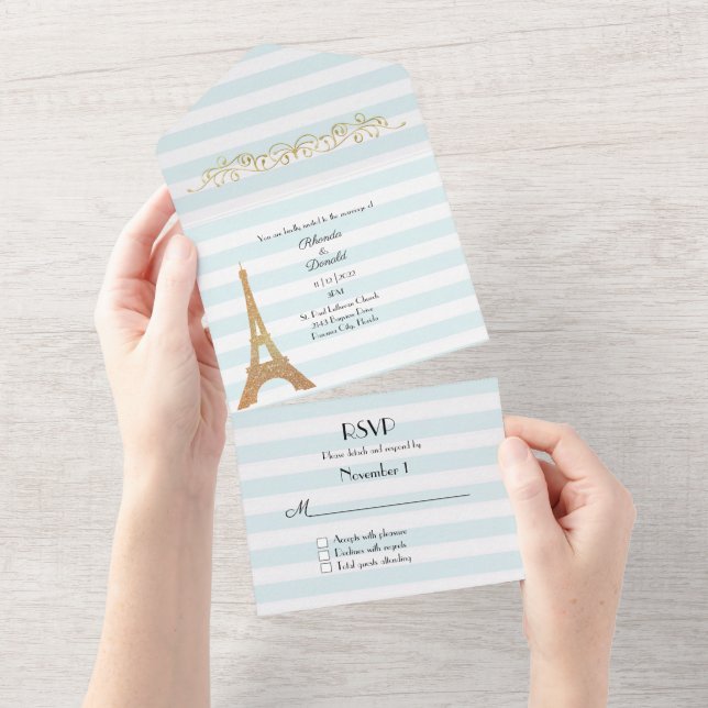 Parisian Themed Striped Wedding  All In One Invitation (Tearaway)