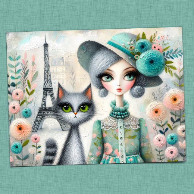 Parisian Whimsy: Stylish Woman and Adorable Cat Postcard (Creator Uploaded)