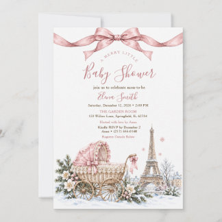 Parisian Winter Blush Pink Bow Baby Shower Invitation