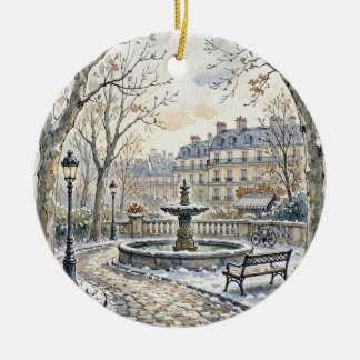 Parisian Winter Park Watercolor Illustration Ceramic Tree Decoration