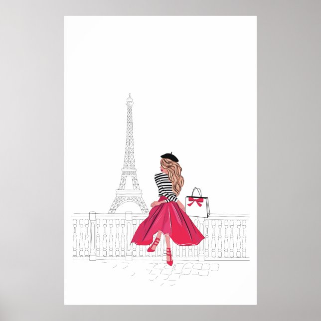 Parisian Woman in Front of the Eiffel Tower, Paris Poster (Front)