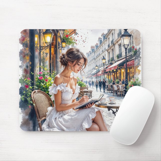 Parisian Women Elegance: Paris Café Street Vibes Mouse Pad (With Mouse)