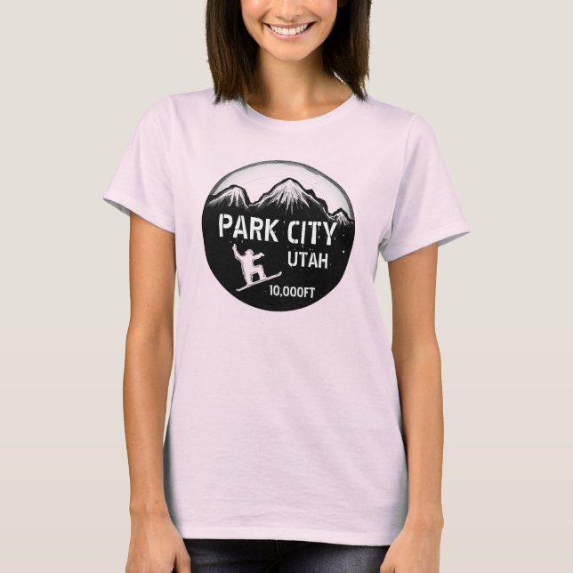 Park City Utah black snowboard art ladies tee (Front)