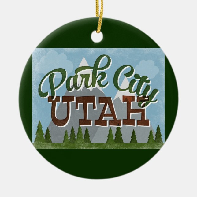 Park City Utah Fun Retro Snowy Mountains Ceramic Tree Decoration (Front)