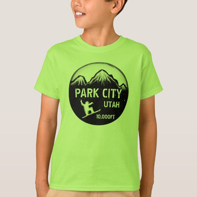 Park City Utah green snowboard art boys tee (Front)