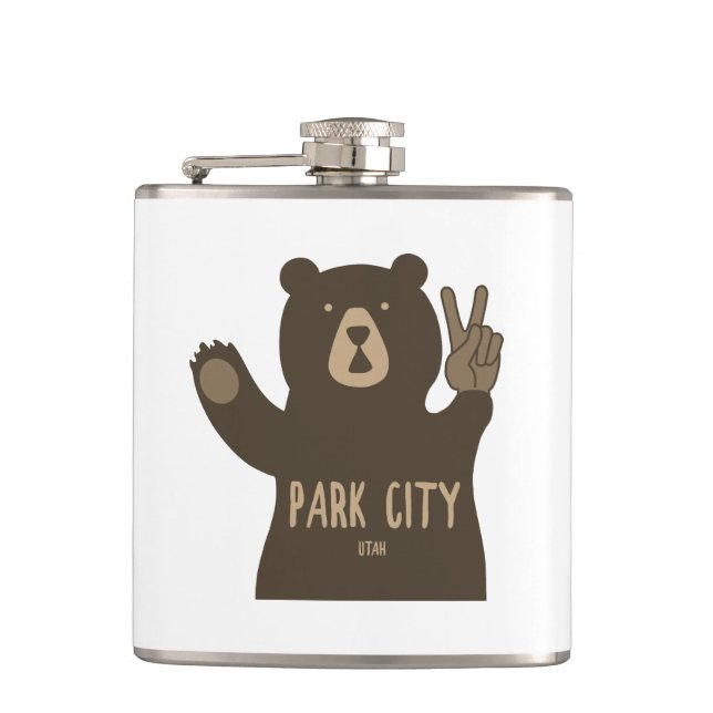 Park City Utah Peace Bear Hip Flask (Front)