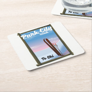 Park city Utah Ski travel poster Square Paper Coaster