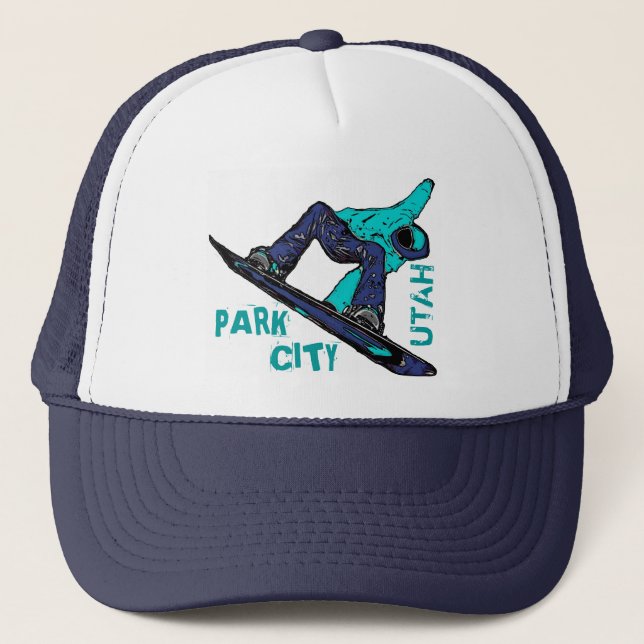 Park City Utah teal snowboarder hat (Front)