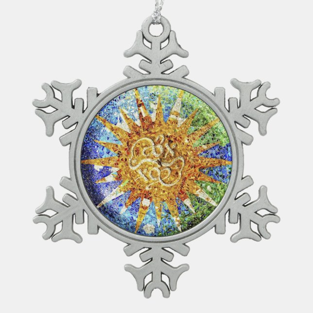 Park Guell mosaics Snowflake Pewter Christmas Ornament (Front)