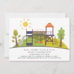 Park Playground Kids Birthday Invitation<br><div class="desc">This cute and modern "run,  climb,  slide and play" kid's birthday invitation feature a slide,  swings,  and a bridge under the sun with trees. The reverse side features a light green background with tree patterns.  Personalise for your needs. You can find more matching products at my store.</div>