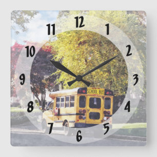Parked School Bus In Autumn Square Wall Clock