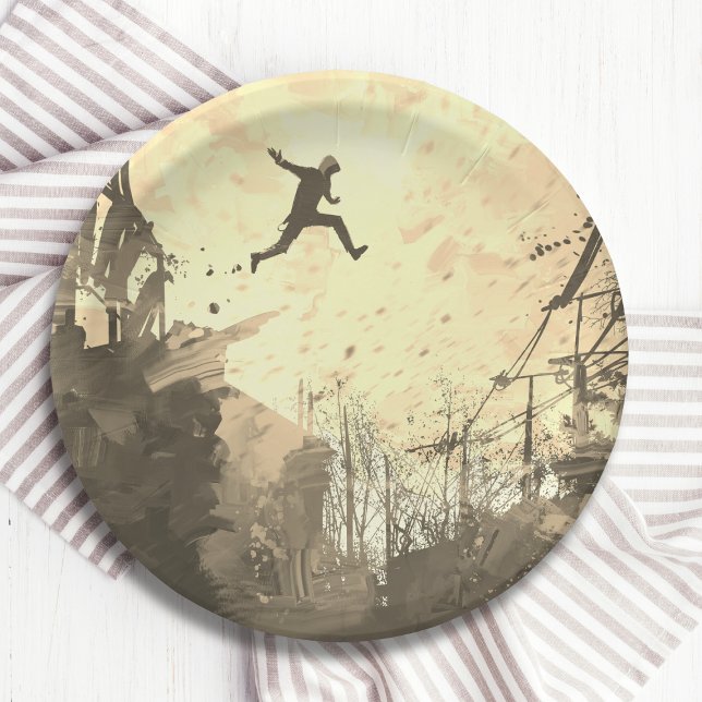 Parkour Urban Free Running Free Styling Art Sepia Paper Plate (Creator Uploaded)