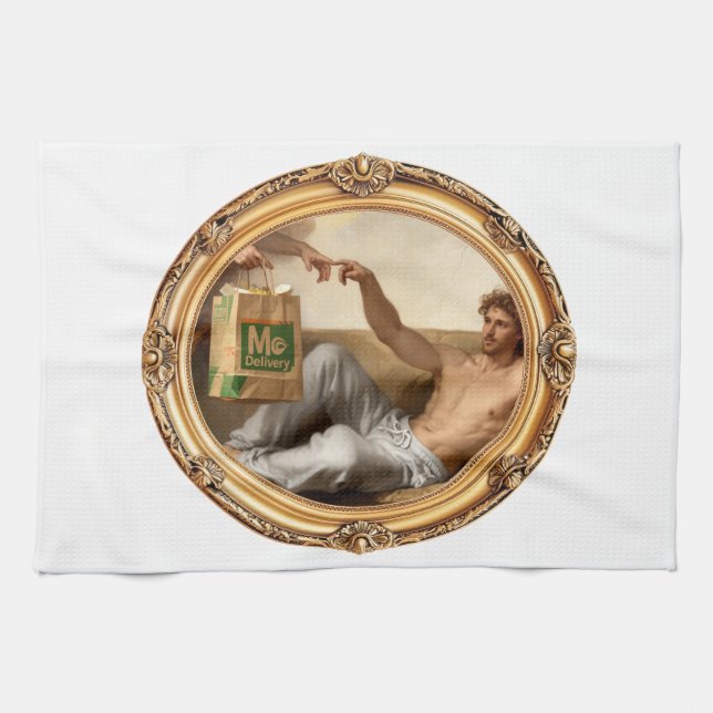 Parody Classical Painting with Takeout Bag | Funny Tea Towel (Horizontal)