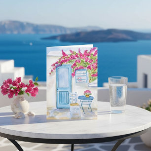 Paros Greece Blue Door & Bougainvillea Watercolor Card