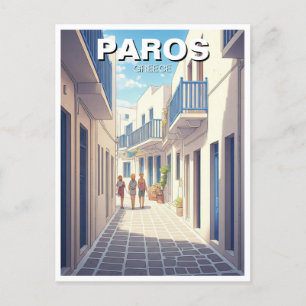 Paros Greece Islands Cobblestone Street Drawing Postcard