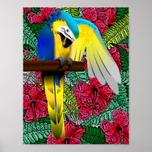 Parrot and Hibiscus Hawaiian Print Design