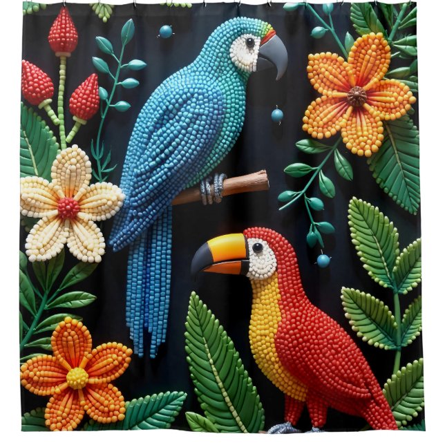 Parrot And Toucan in a Beaded Forest Shower Curtain (Front)