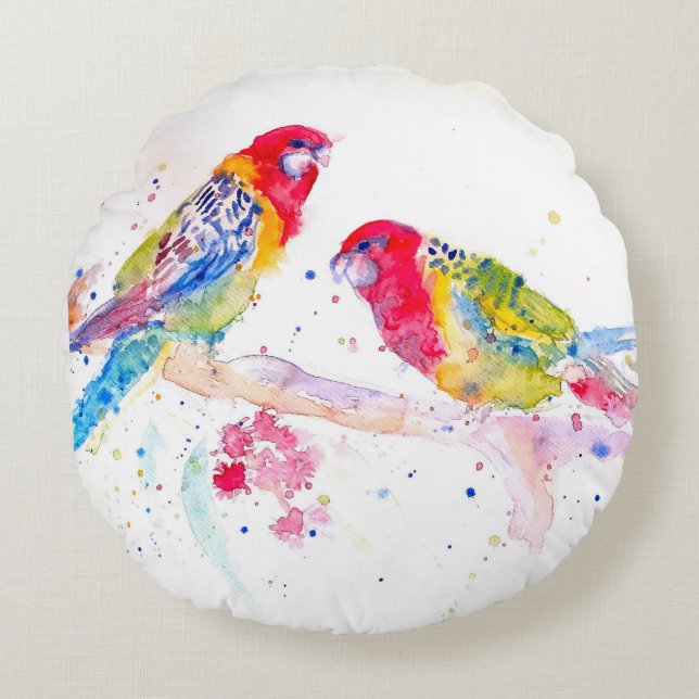 Parrot art Watercolour Painting Aqua Colourful  Round Cushion (Front)