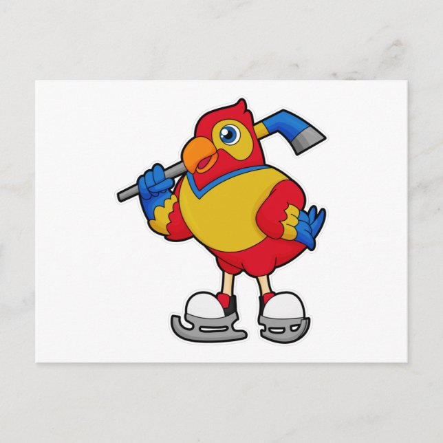 Parrot at Ice hockey with Ice hockey stick Postcard (Front)