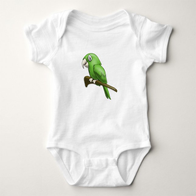 Parrot Baby Bodysuit ( A cartoon illustration of a green parrot perched on a brown branch. )