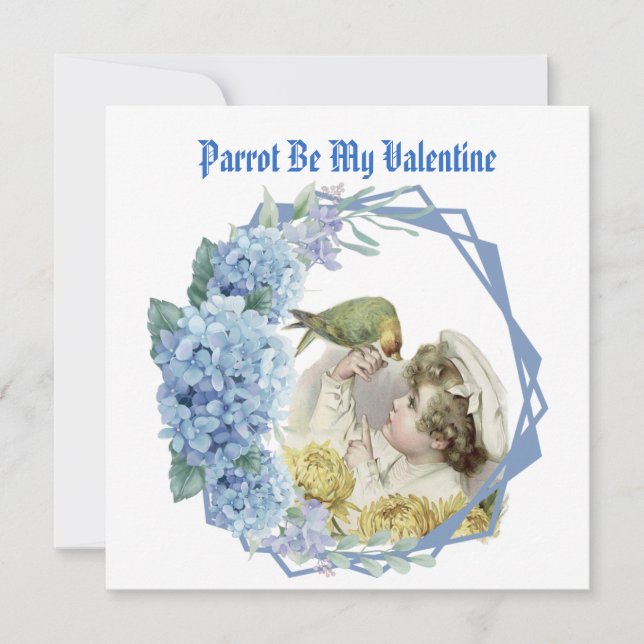 Parrot Be My Valentine Blue Floral Wreath Boy/Son  Holiday Card (Front)