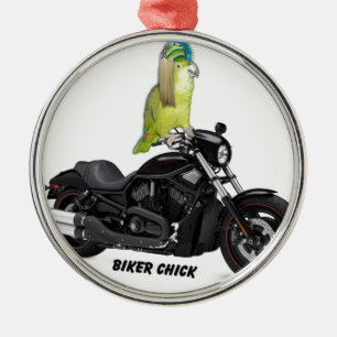 Parrot Biker Chick on Metal Tree Decoration