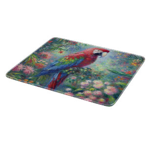 Parrot Bird Jungle Floral Impressionism Painting Cutting Board