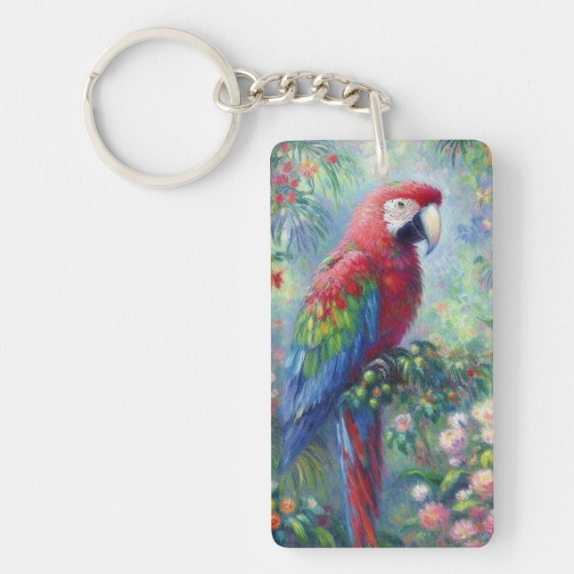 Parrot Bird Jungle Floral Impressionism Painting Key Ring (Front)