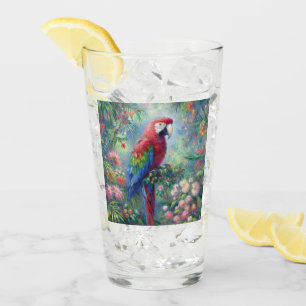 Parrot Bird Jungle Floral Red Blue Green Flowers Glass