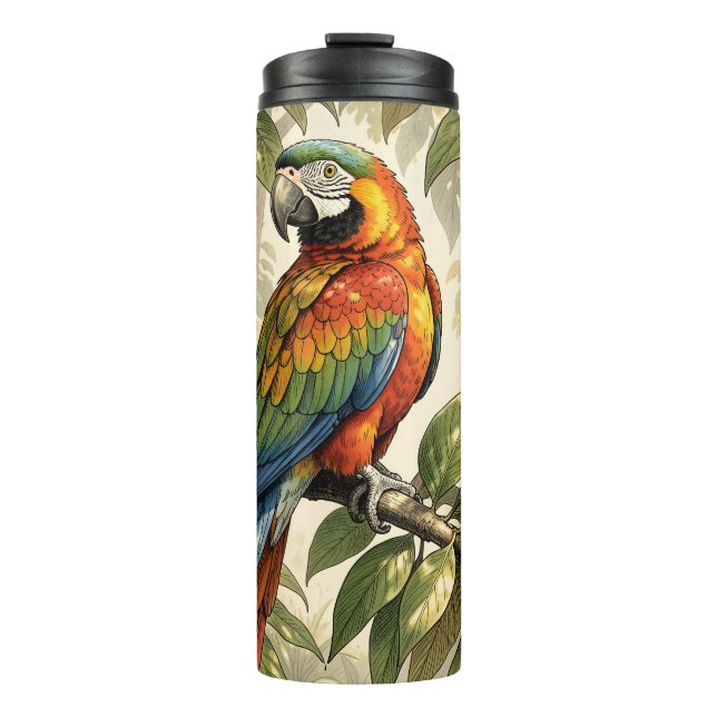 Parrot bird on tree drawing thermal tumbler (Front)
