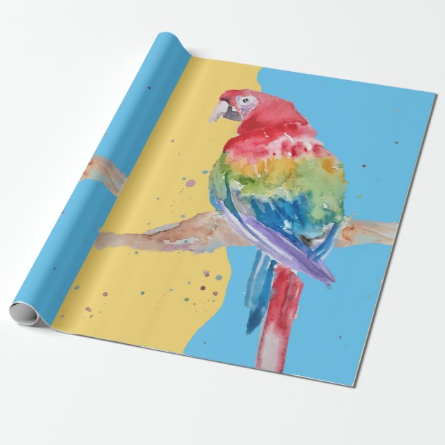 Parrot Blue Yellow Boys Watercolor Art Parrots  Wrapping Paper (Unrolled)