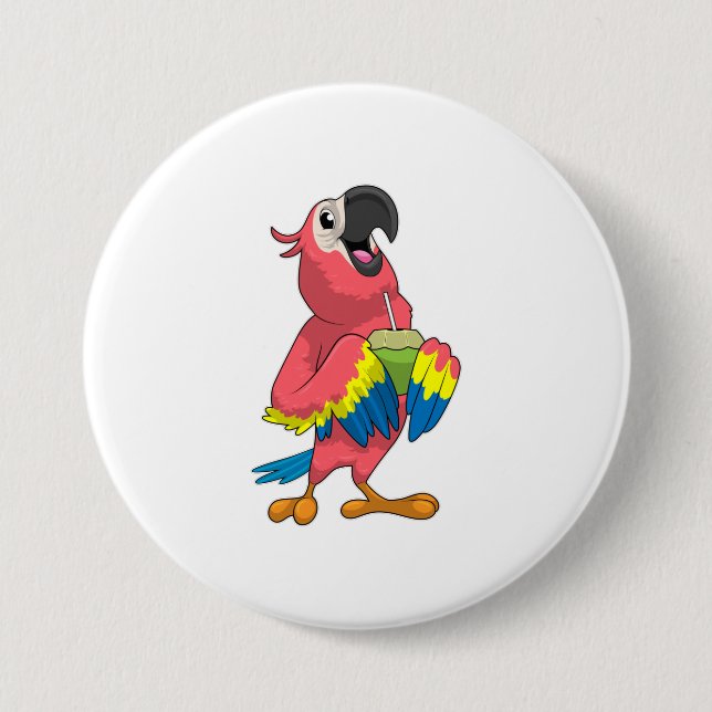 Parrot & Coconut with Drinking straw 7.5 Cm Round Badge (Front)