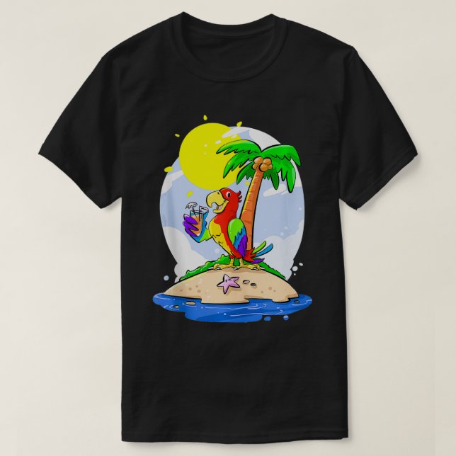 Parrot Drinking Cocktail Under Palm Tree  T-Shirt (Design Front)