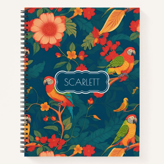 Parrot Floral Colourful Personalised Pattern Notebook (Front)