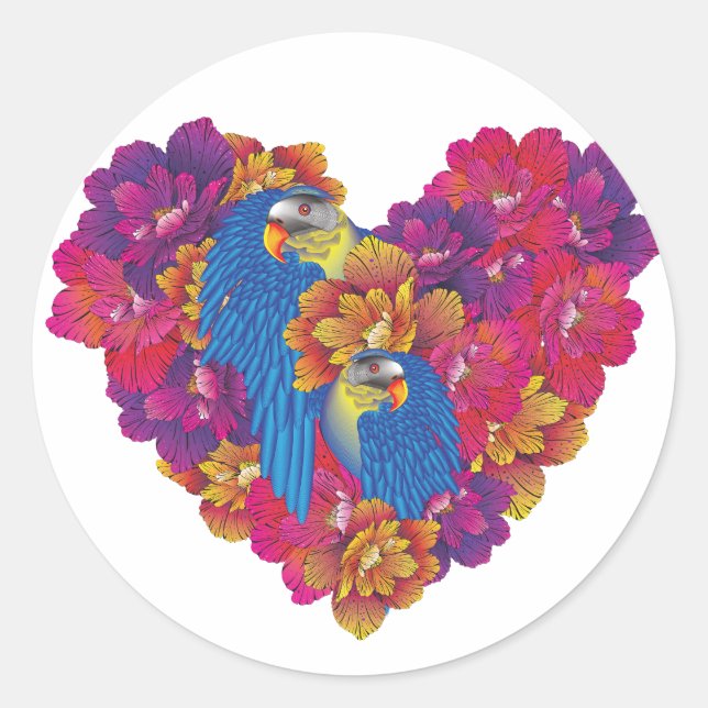 Parrot Heart Floral Colourful  Classic Round Sticker (Front)