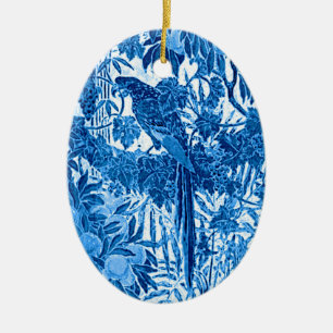 Parrot in a Jungle Setting, Indigo Blue and White  Ceramic Tree Decoration