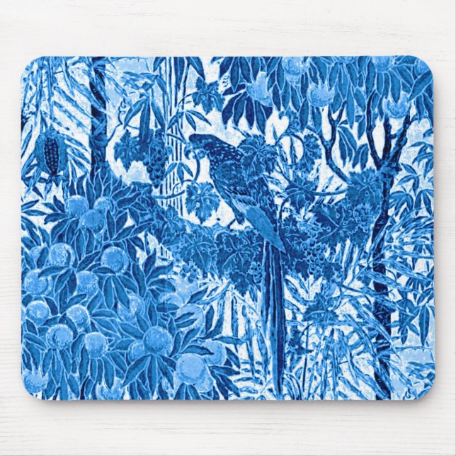 Parrot in a Jungle Setting, Indigo Blue and White Mouse Pad (Front)