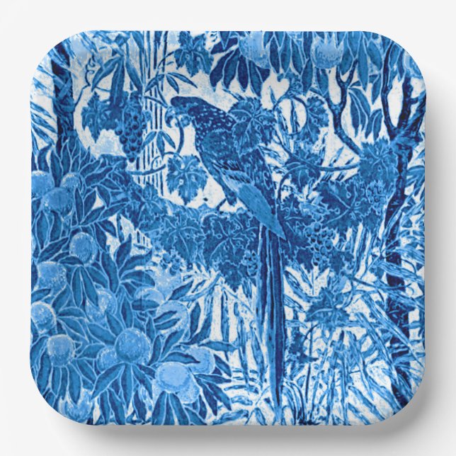 Parrot in a Jungle Setting, Indigo Blue and White Paper Plate (Front)