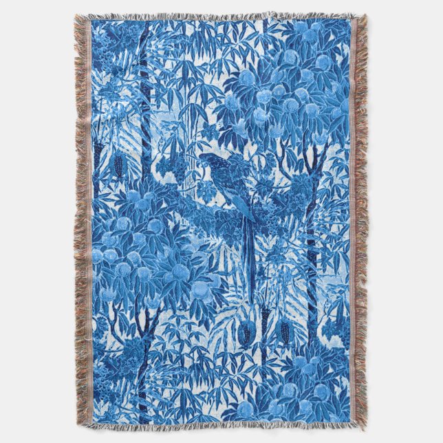Parrot in a Jungle Setting, Indigo Blue and White  Throw Blanket (Front Vertical)