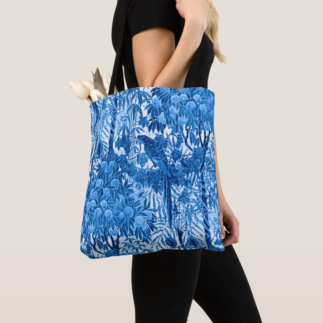 Parrot in a Jungle Setting, Indigo Blue and White Tote Bag (Close Up)