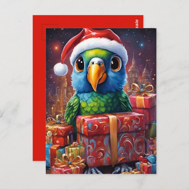 Parrot in the midst of Christmas gifts Postcard (Front/Back)