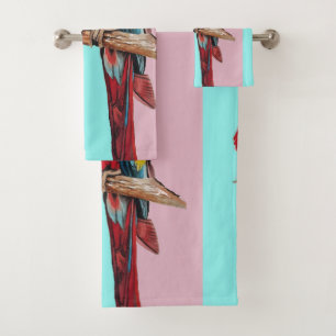 Parrot Macaw Pastel Red Bird Watercolor Art Bath Towel Set