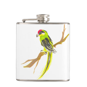 Parrot on a branch. Watercolor painting. China art Hip Flask